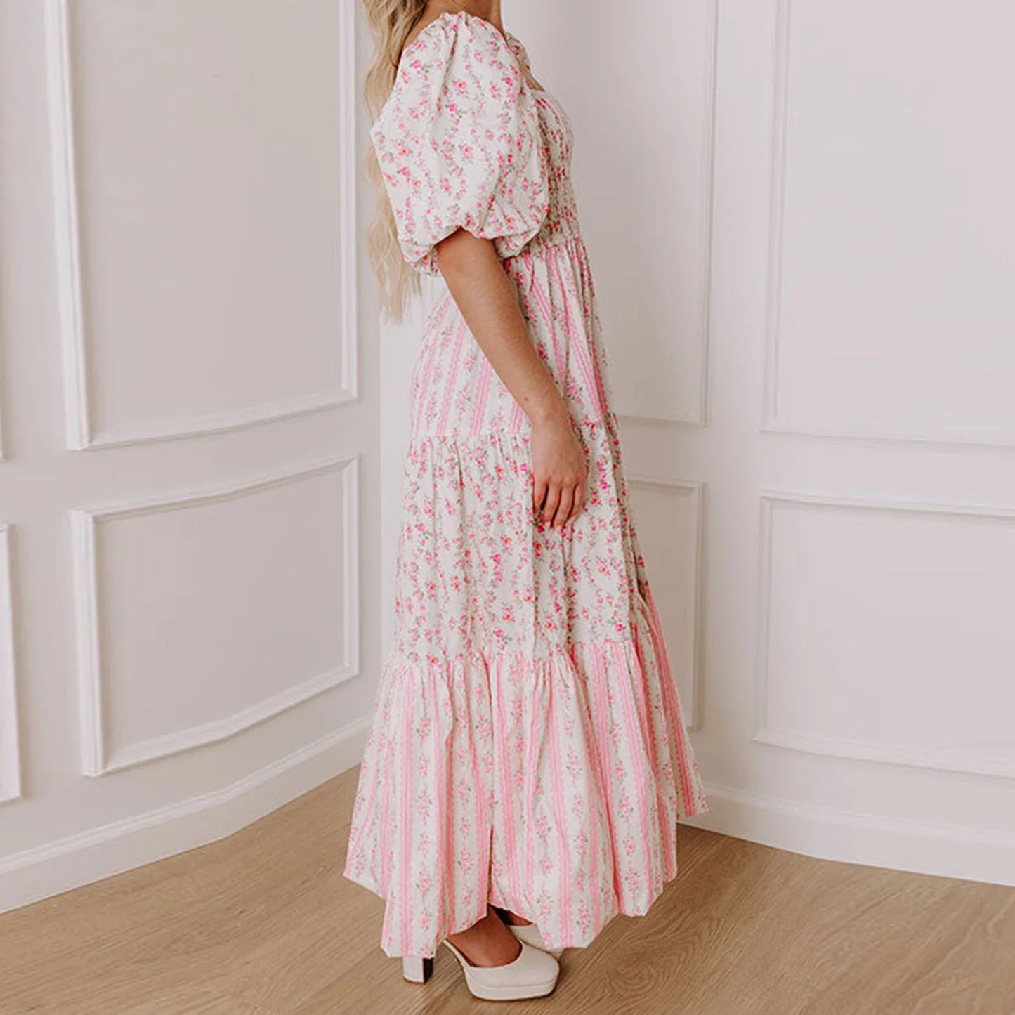 Pink Floral Patchwork Smocked Square Neck Short Puff Sleeve Maxi Dress