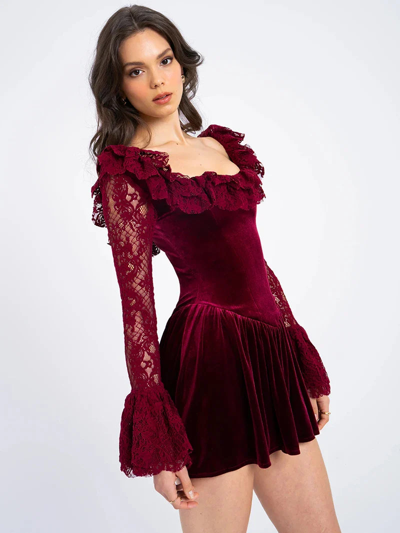 Red Velvet Long Sleeve Flare Mini Dress