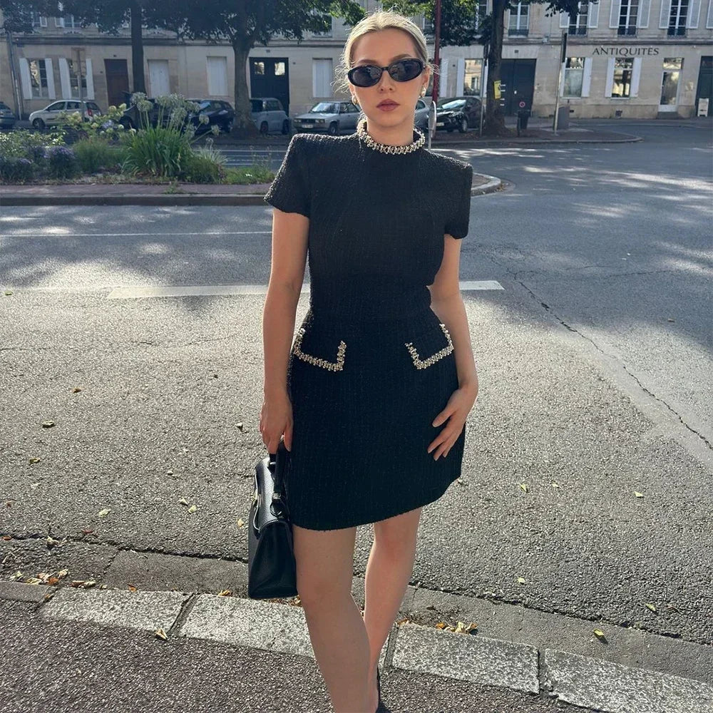 Tweed Solid Beaded Seam Mini Dress