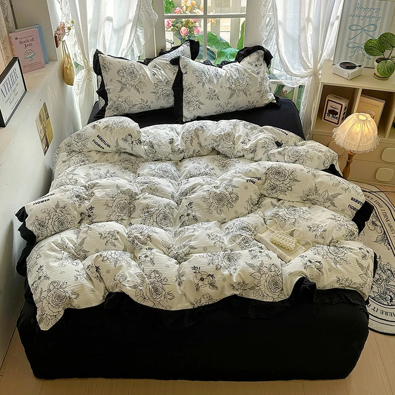 New French Lace Wash Quilt Cover Korean-style Romantic Herben-style Black Print Four-piece Set Skin Friendly Bedding Set