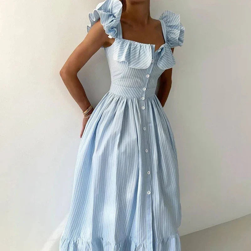 Ruffles Striped Square Collar Buttoned Long Dress