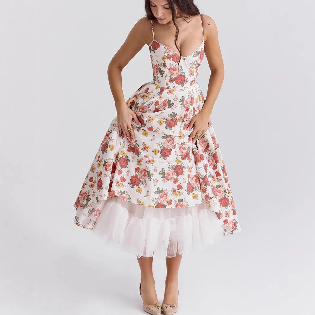 Satin Bustier Strap Tulle Midi Dress