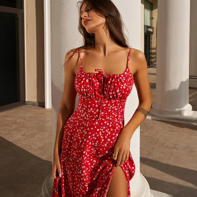 Red Floral Print Strap Split Midi Dress