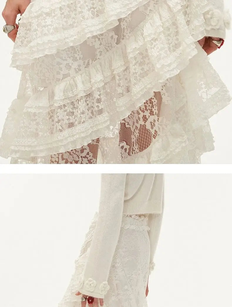 White Lace Layer Tulle Midi Skirt