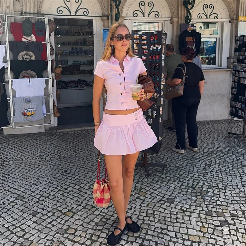 Polo Collar Short Sleeve Top And Mini Skirt Set