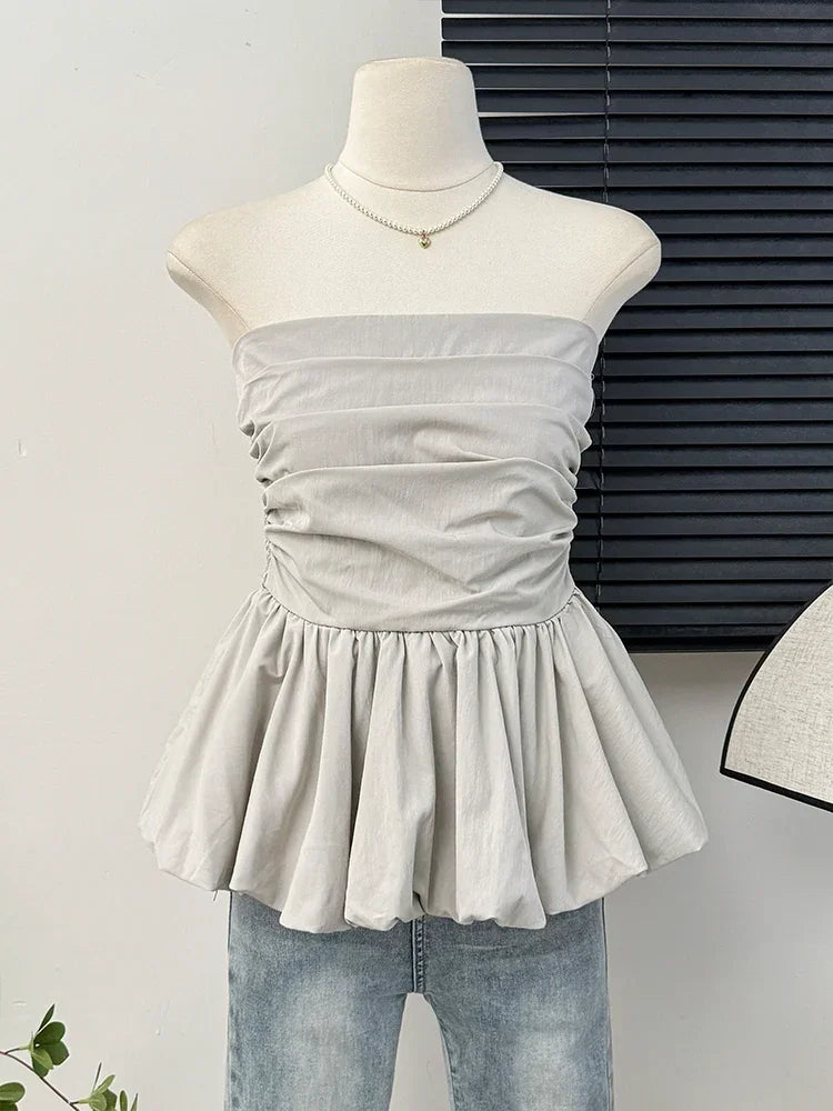 Elastic Pleated Puff Strapless Top - Medium Stretch