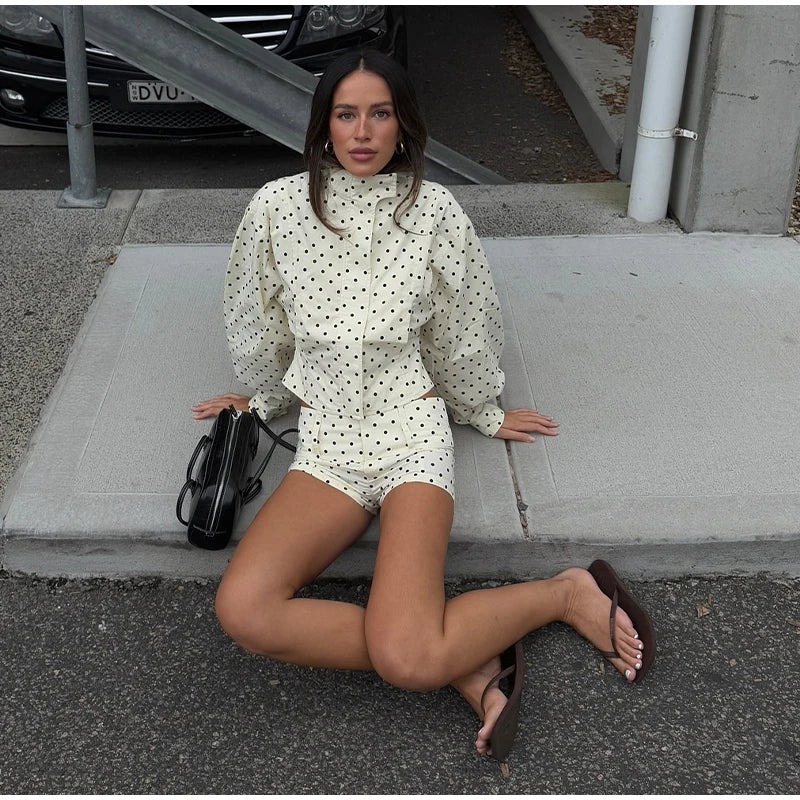 White Polka Dot Zipper Jacket And Shorts Set