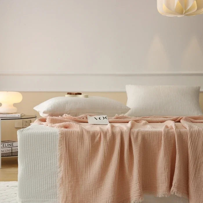 Japanese solid color retro B & B cotton four-layer yarn blanket fringed blanket