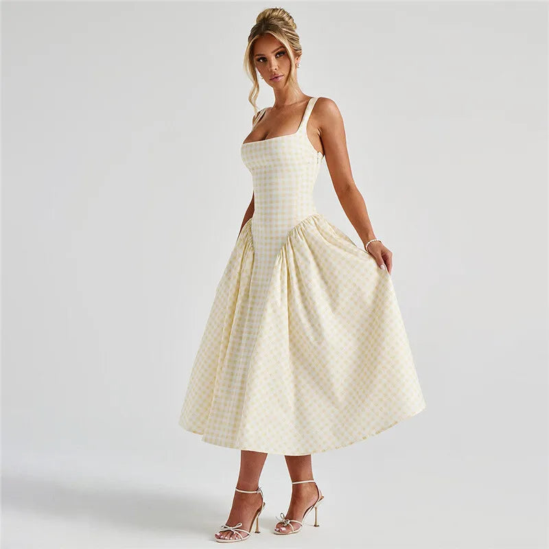 Plaid Printed Corset A-line Maxi Dress