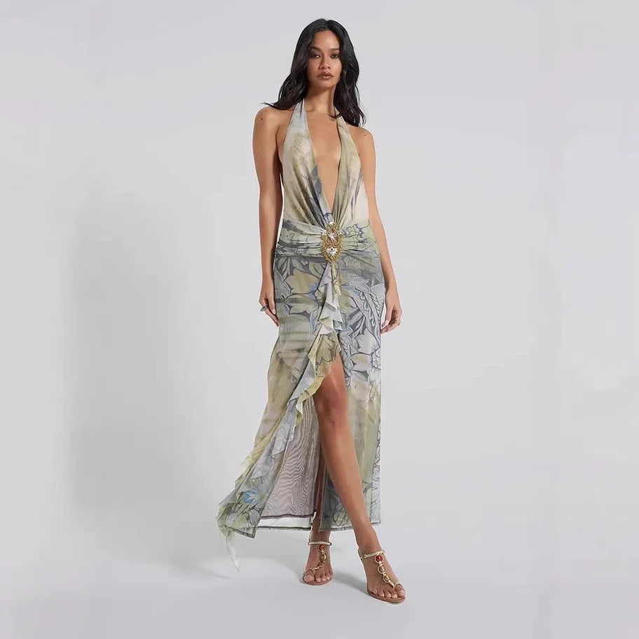 Printed Deep V-neck Maxi Dress