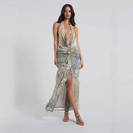 Printed Deep V-neck Maxi Dress