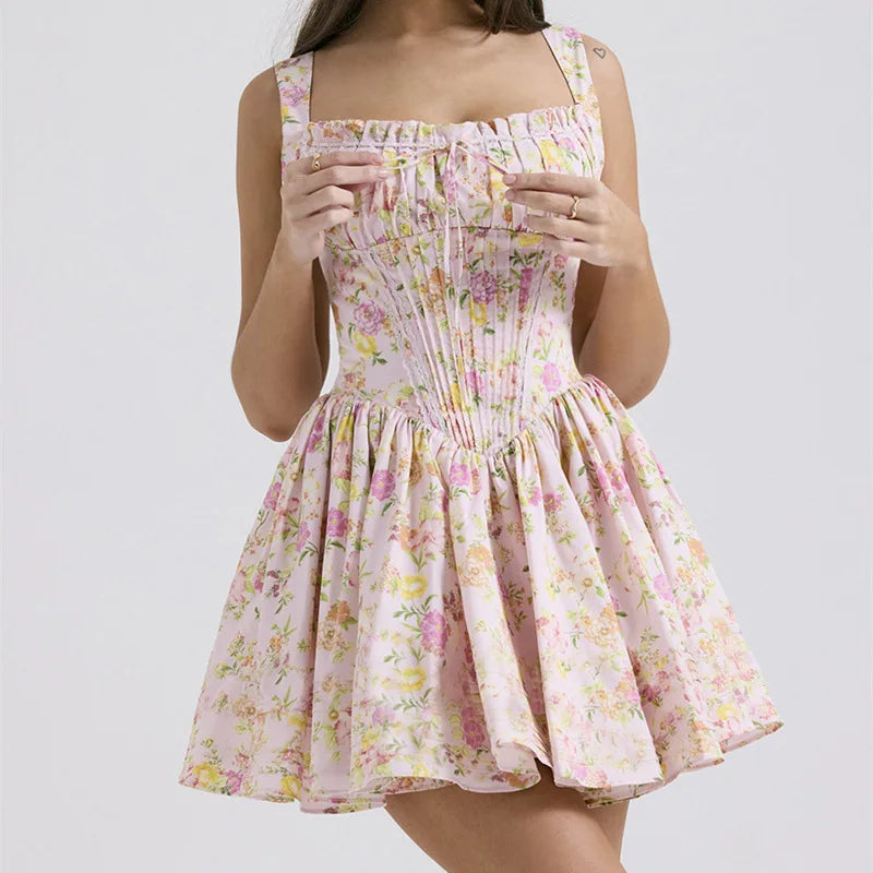 Printed Square Neck Strap Corset Mini Dress