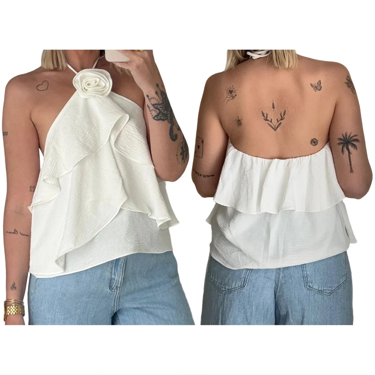 Halter 3D Flower Layered Ruffles Top