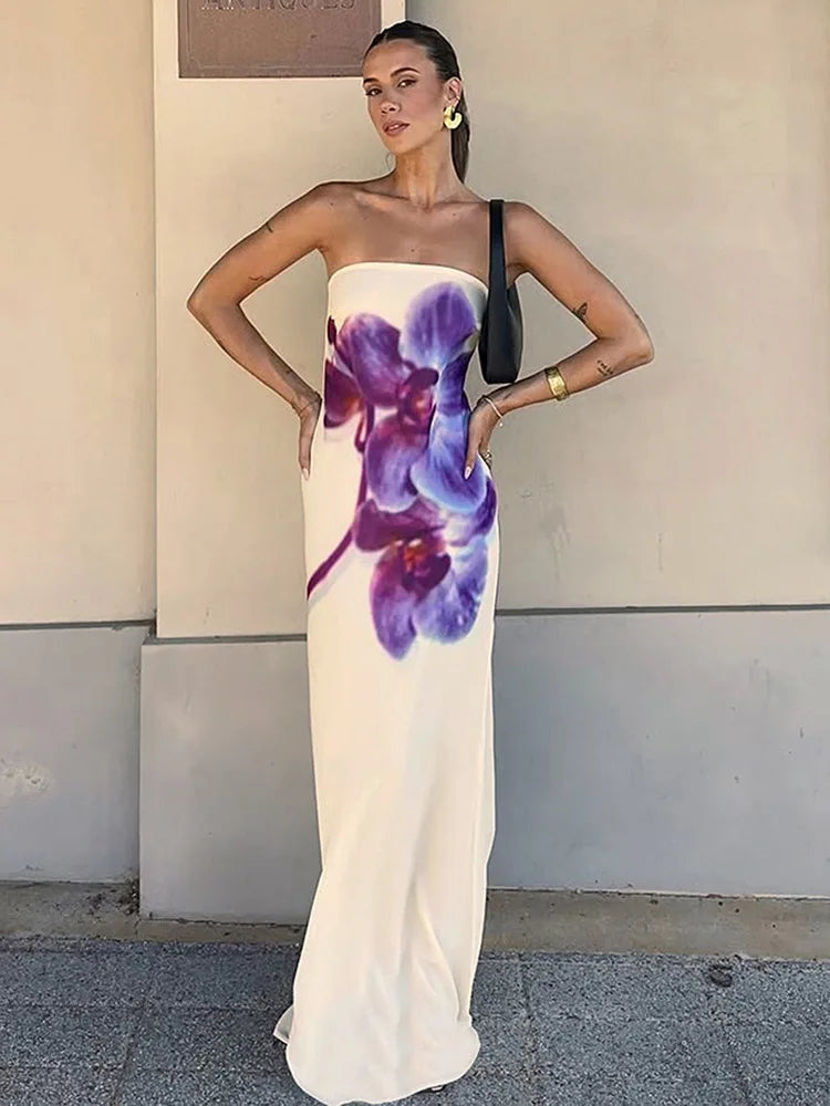 Orchid Floral Print Strapless Straight Maxi Dress