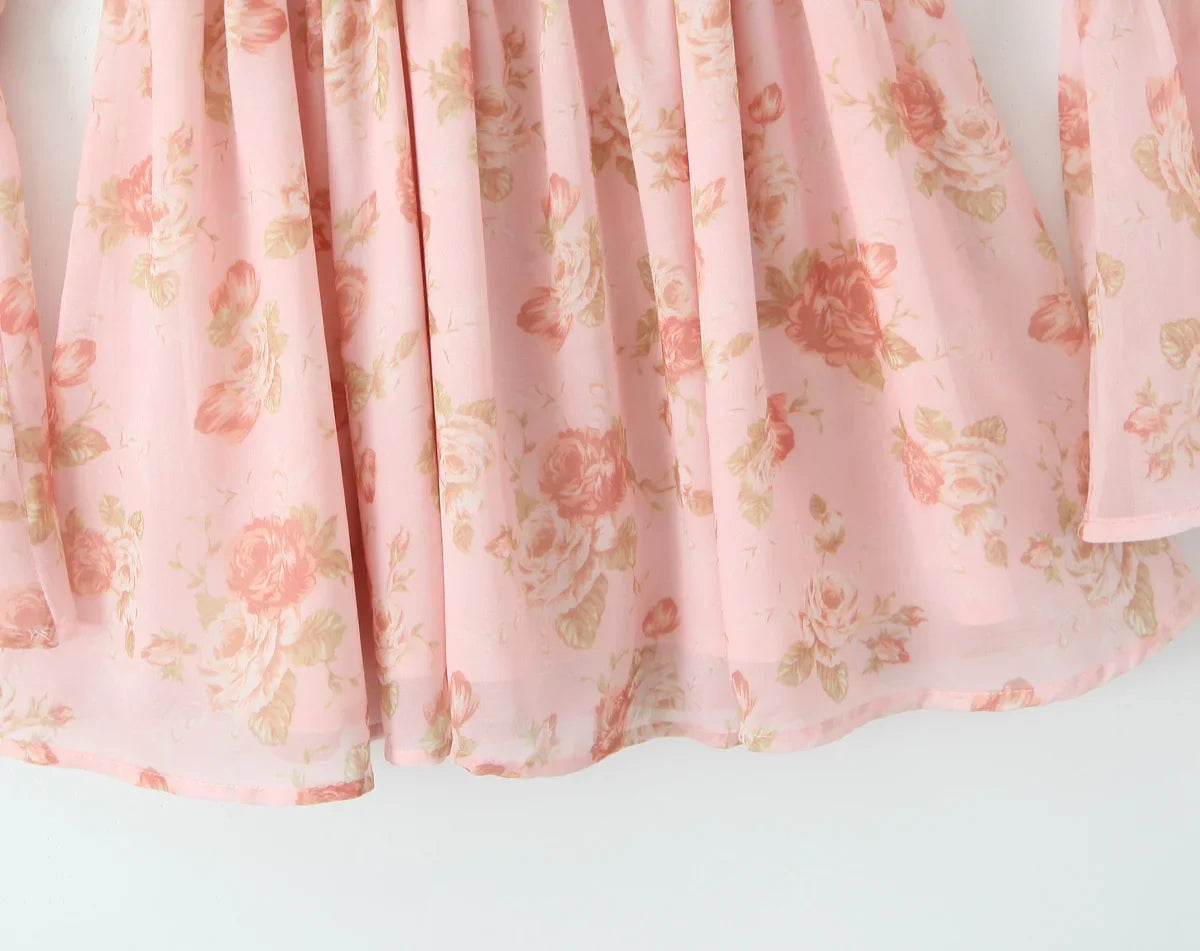 Floral Print Long Puff Sleeve Square Collar Mini Dress