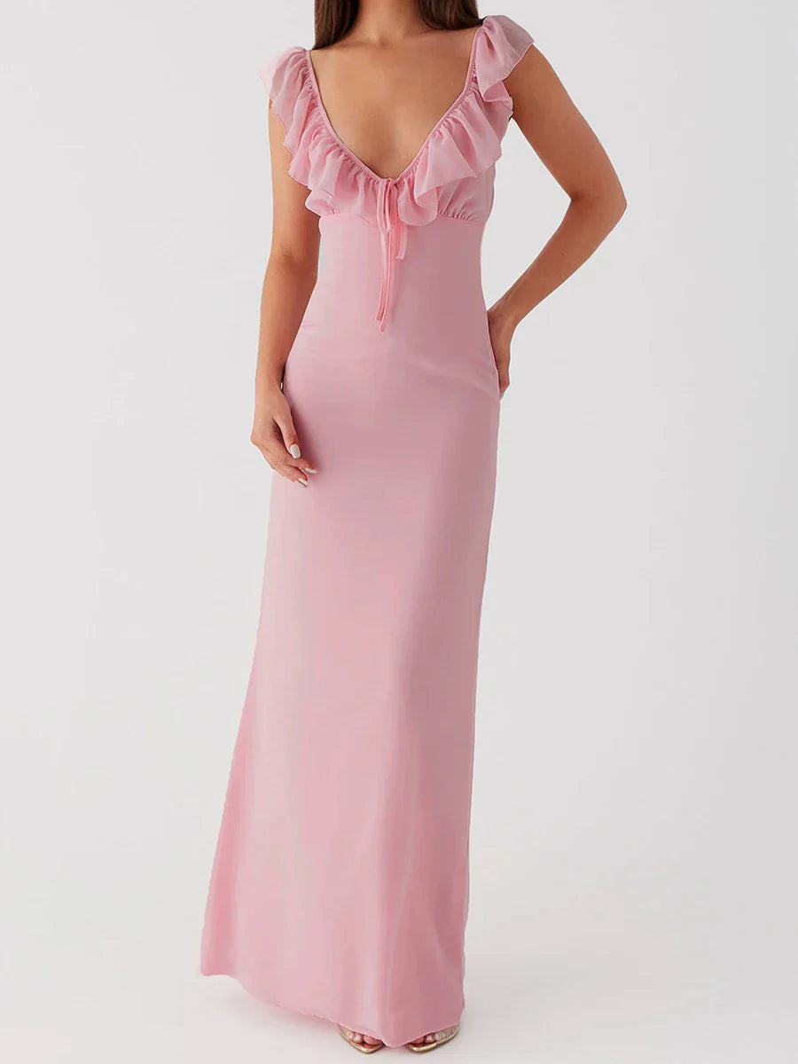 Ruffle Trim V Neck Maxi Dress