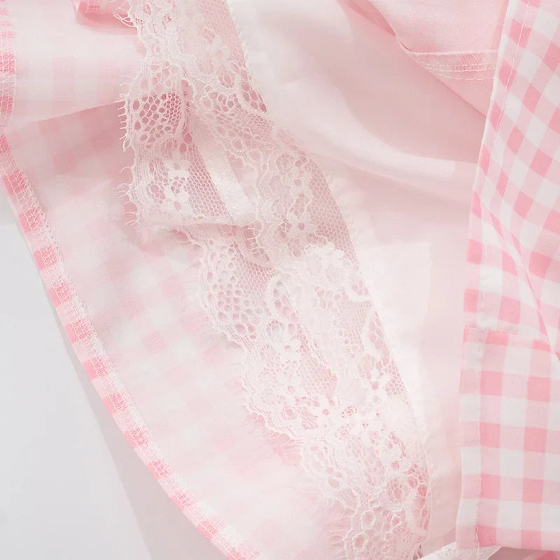 Plaid Print Puff Sleeve V-Neck Bow Flare Mini Dress