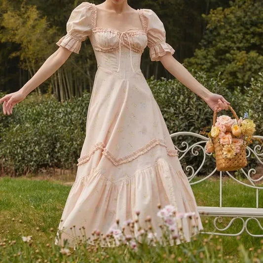 Floral Print Puff Ruffles Sleeve Midi Dress