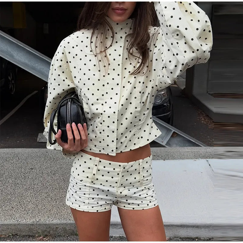 White Polka Dot Zipper Jacket And Shorts Set