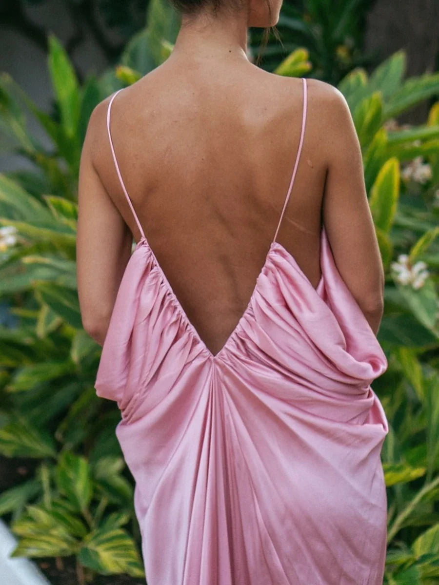 Pink Satin Drape Style Maxi Dress