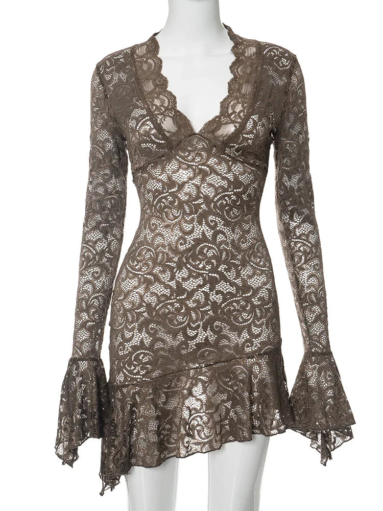 Lace Ruffles Long Sleeve Mini Dress