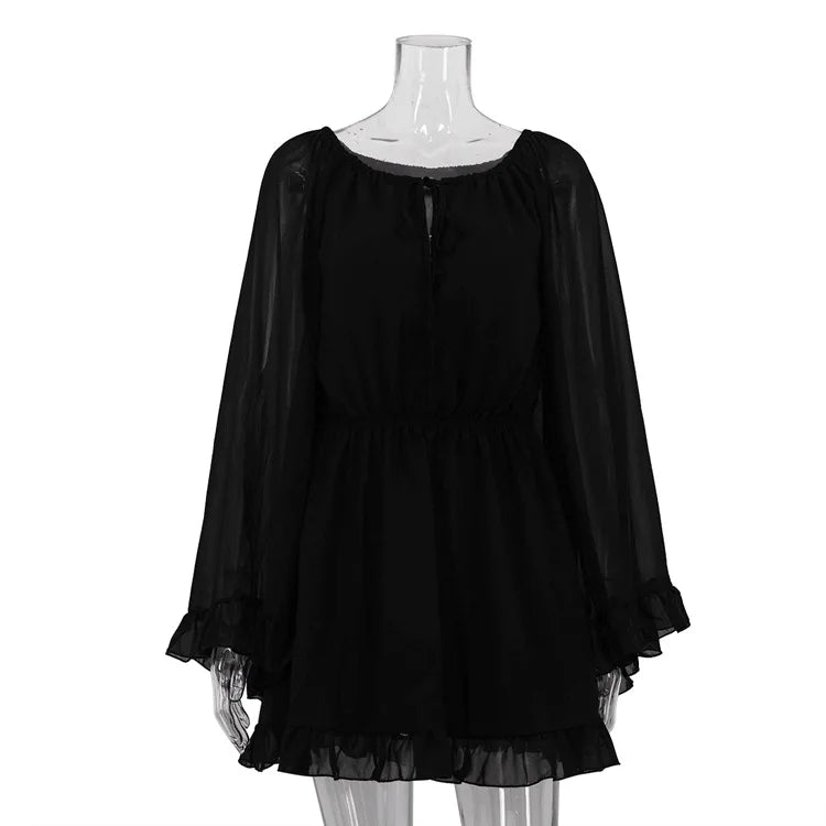 Black Ruffles Mesh Long Sleeve Mini Dress