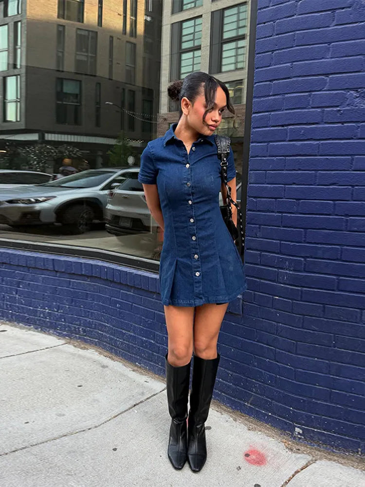 Short-sleeved Denim Buttoned Mini Dress