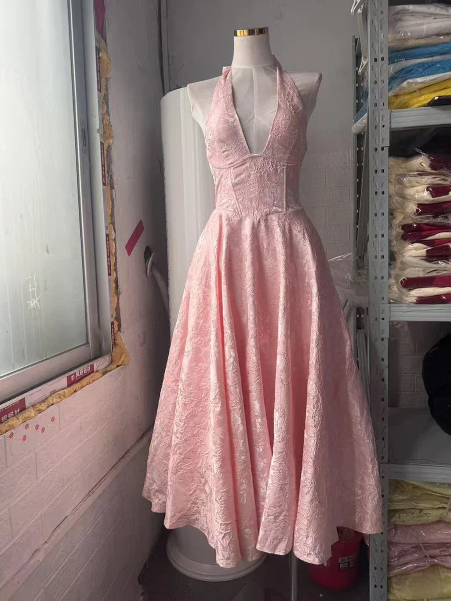 Satin Jacquard Deep Neck Print Flare Maxi Dress