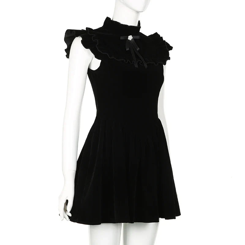 Ruffle Sleeve High Neck Velvet Black Mini Dress