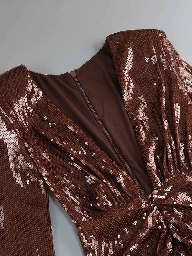 Brown Sequin Deep V Neck Long Sleeve Midi Dress