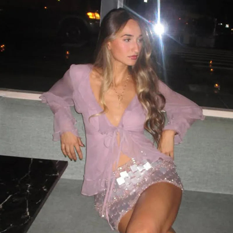 Purple Mesh Ruffled Cardigan Top