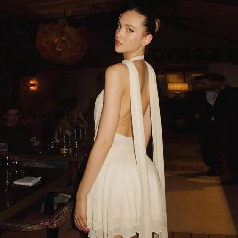 White Halter Deep V Neck Backless Mini Dress