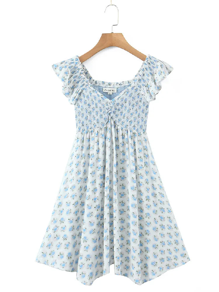 Blue Patchwork Printed Ruffle Strap Mini Dress