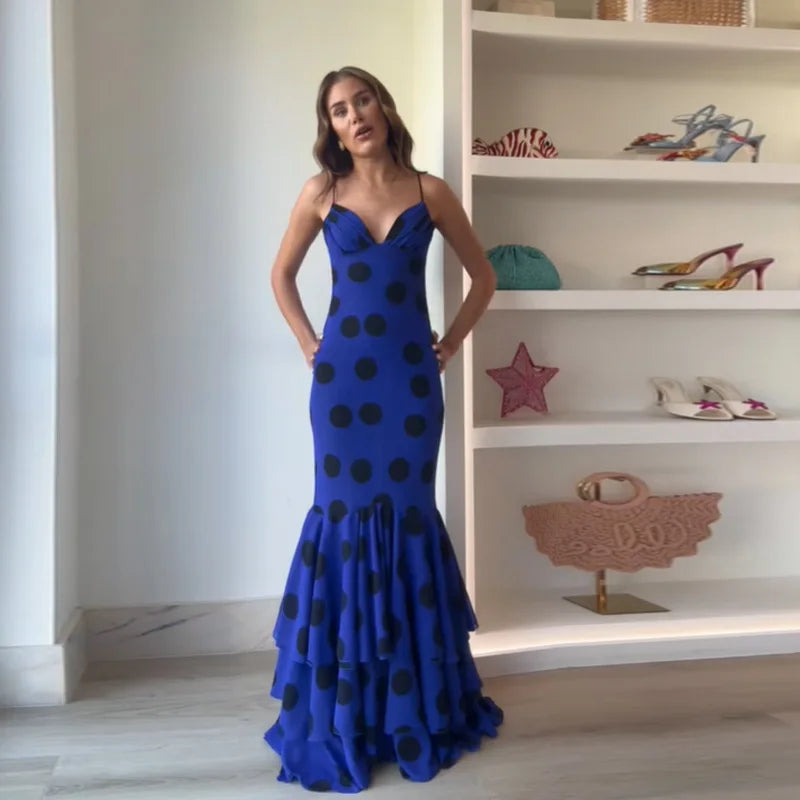 Spaghetti Straps Print Polka Dot Maxi Dress