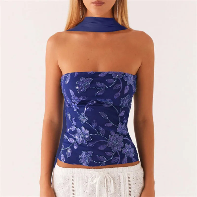 Sequin Tube Top with Scarf
