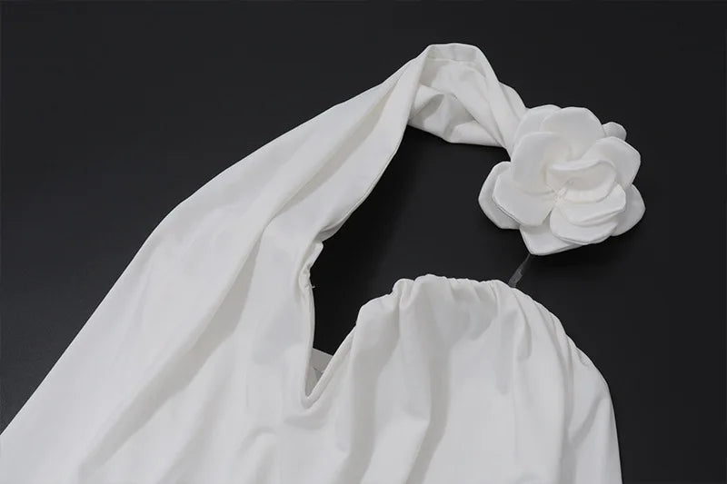 White Puff Drape Around Flower Mini Dress