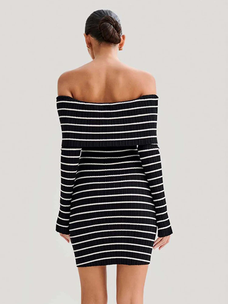 Striped Long Sleeve Knit Off-Shoulder Mini Dress