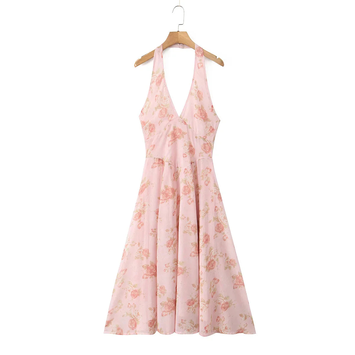 Pink Flower Print Halter Midi Dress