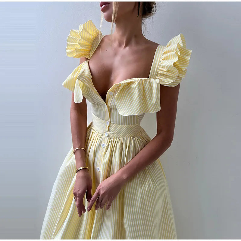 Ruffles Striped Square Collar Buttoned Long Dress