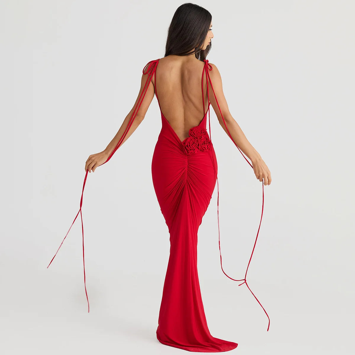 Red Tie Up Strap Open Back 3d Flower Maxi Dress