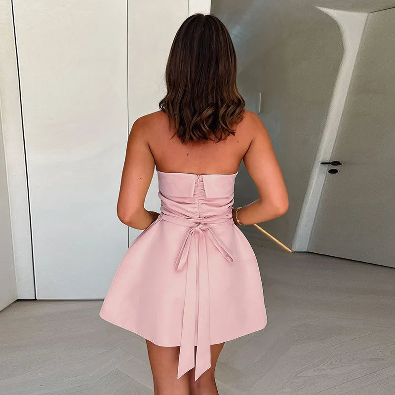 Strapless Ruched Back Tie Up Mini Dress