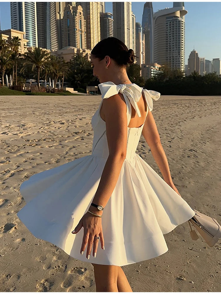 White Bowknot A-line Mini Dress