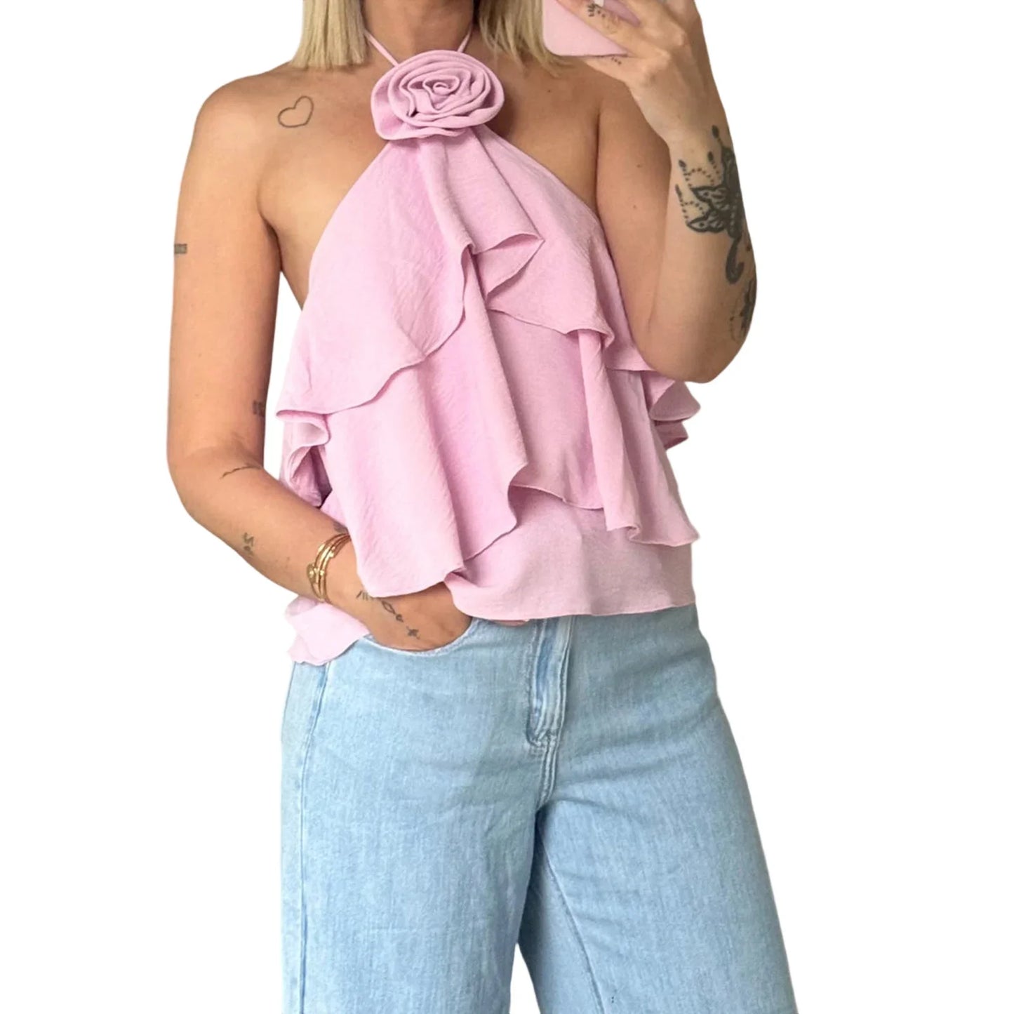 Halter 3D Flower Layered Ruffles Top