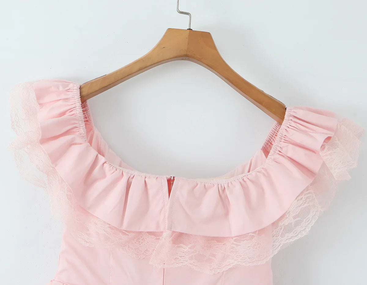 Pink Lace Ruffle Bow Off-shoulder Mini Dress
