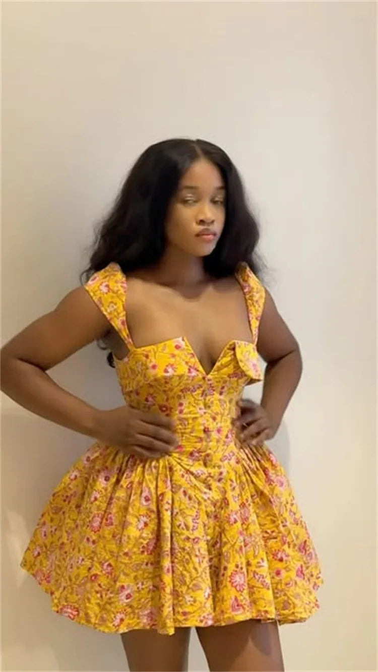 Floral Printed A-Line Low Cut Mini Dress