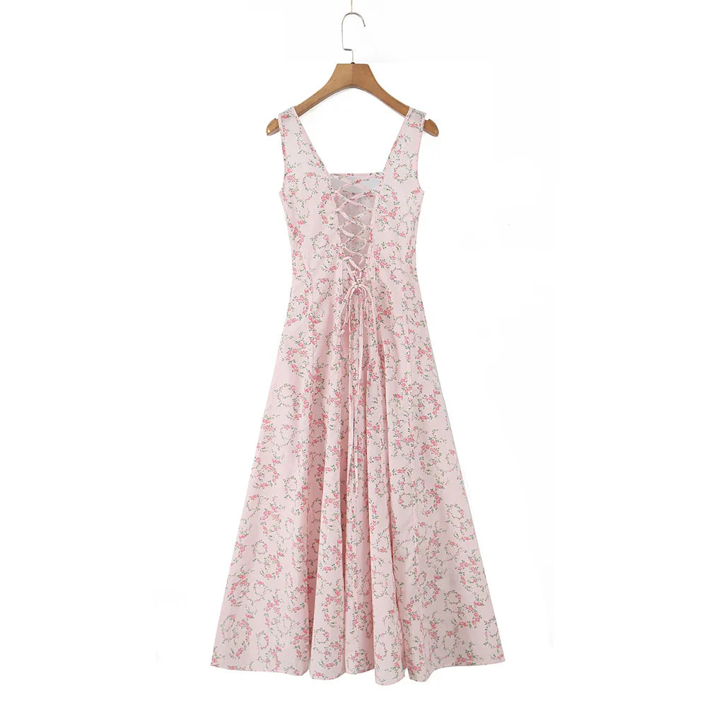 Pink Floral Print Lace Up Square Neck Midi Dress