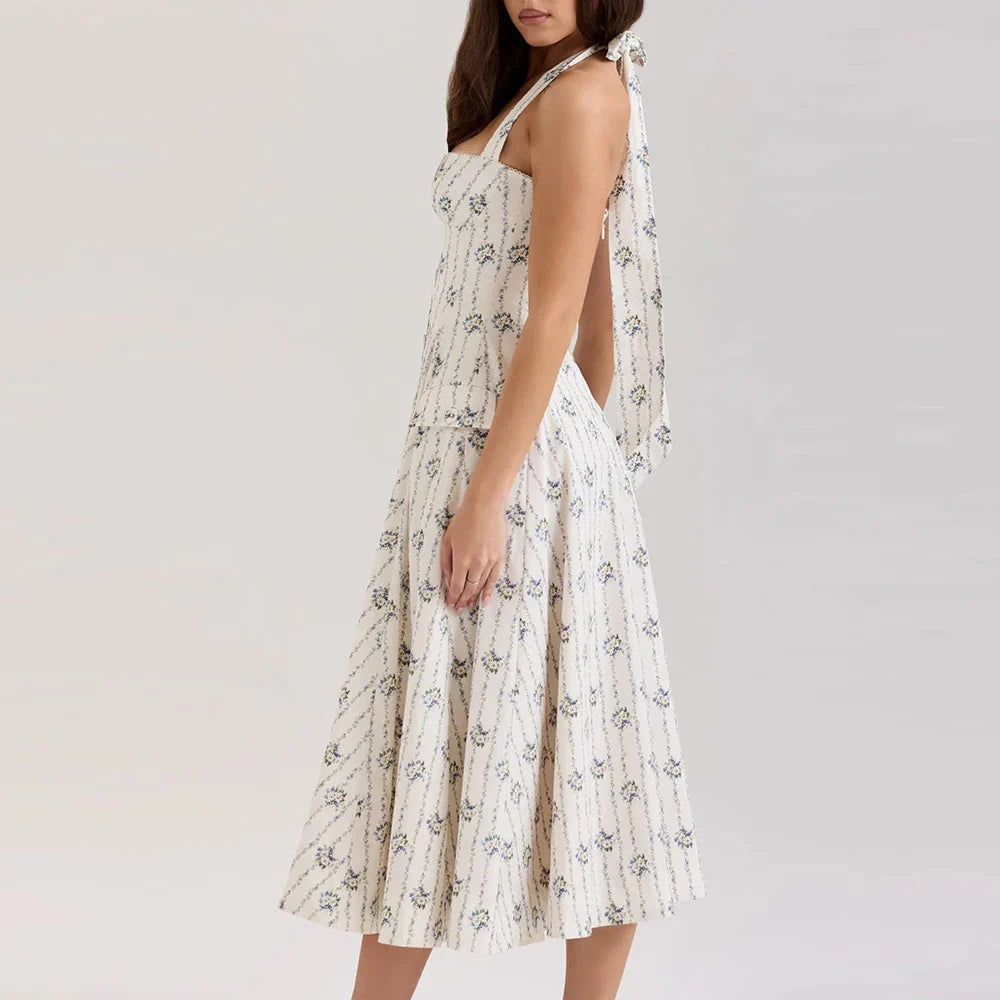 Printed Halter Flare Midi Dress