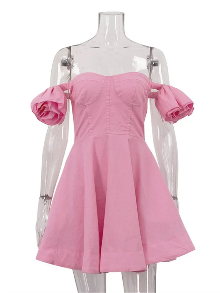 Pink Off-shoulder Frill Strap Mini Dress