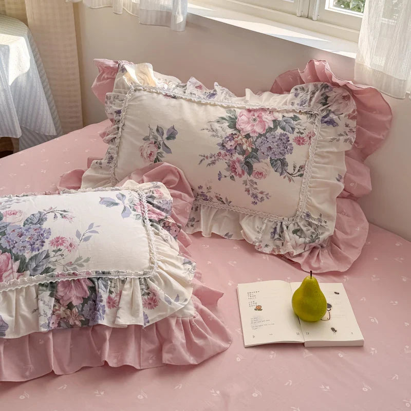 Romantic Flowers Prints Bedding Set Korean Style 100% Cotton Lace Princess Wedding Duvet Cover Bed Skirt Bedspread Pillowcases
