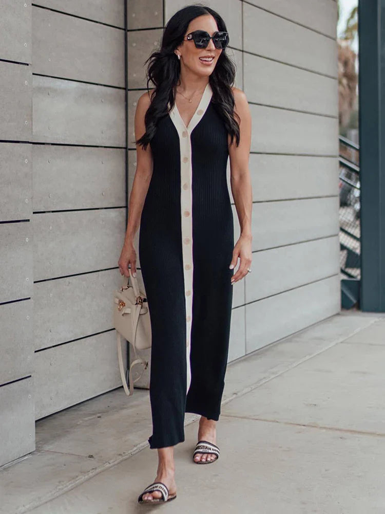 Strapless Contrast Stripe V-neck Midi Dress